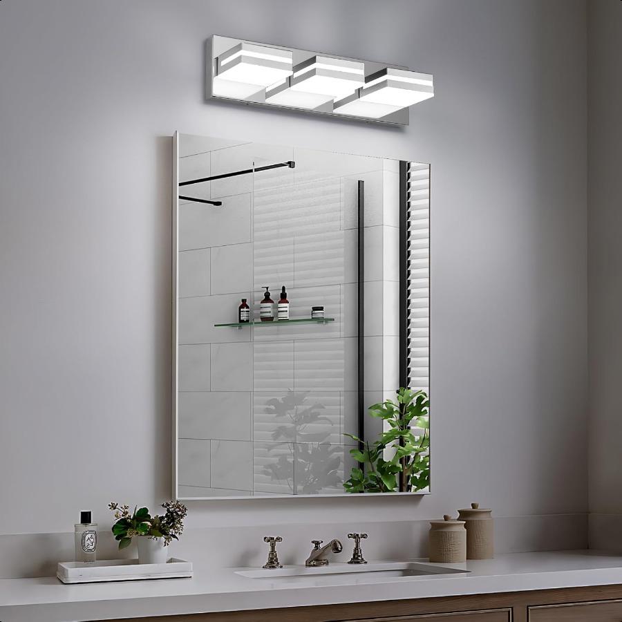 Modern LED Bathroom Lights Fixtures 3Light Metal Chrome Acrylic Wall Lighting Vanity Lights for Bathroom Over Mirror(6000k 16In