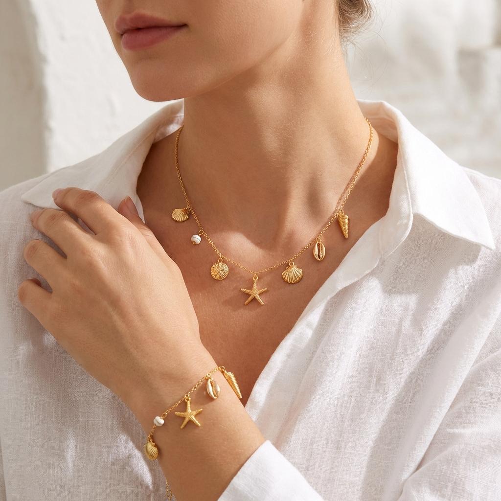 Boho Blue Starfish Shell Pendant Necklace Bracelet Set for Women Fashion Imitation Pearl Conch Scallop Choker Girl Beach Zircon