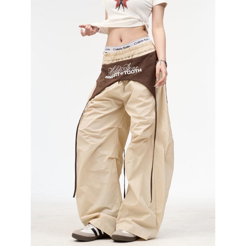 

Strap-on overalls spring and summer street splicing design paratrooper loose hip-hop slacks wide-leg trousers women 2XL абрикосовый