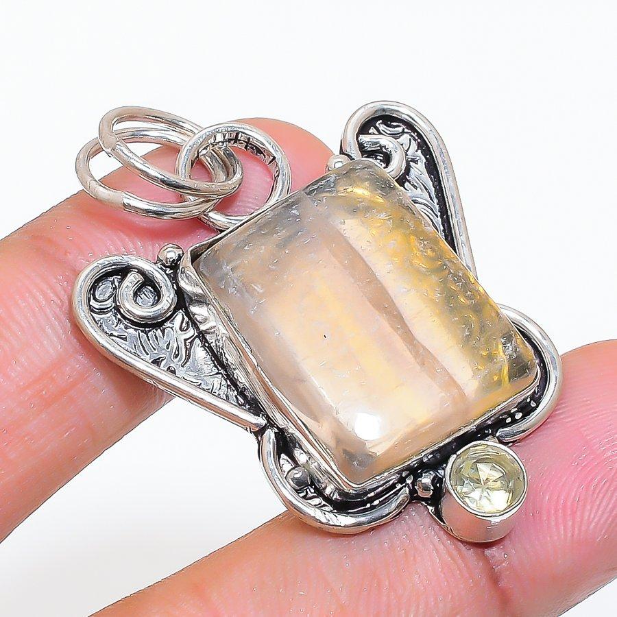 Natural Fluorite, Tsavorite 925 Sterling Silver Jewelry Pendant 1.85" ZS-246