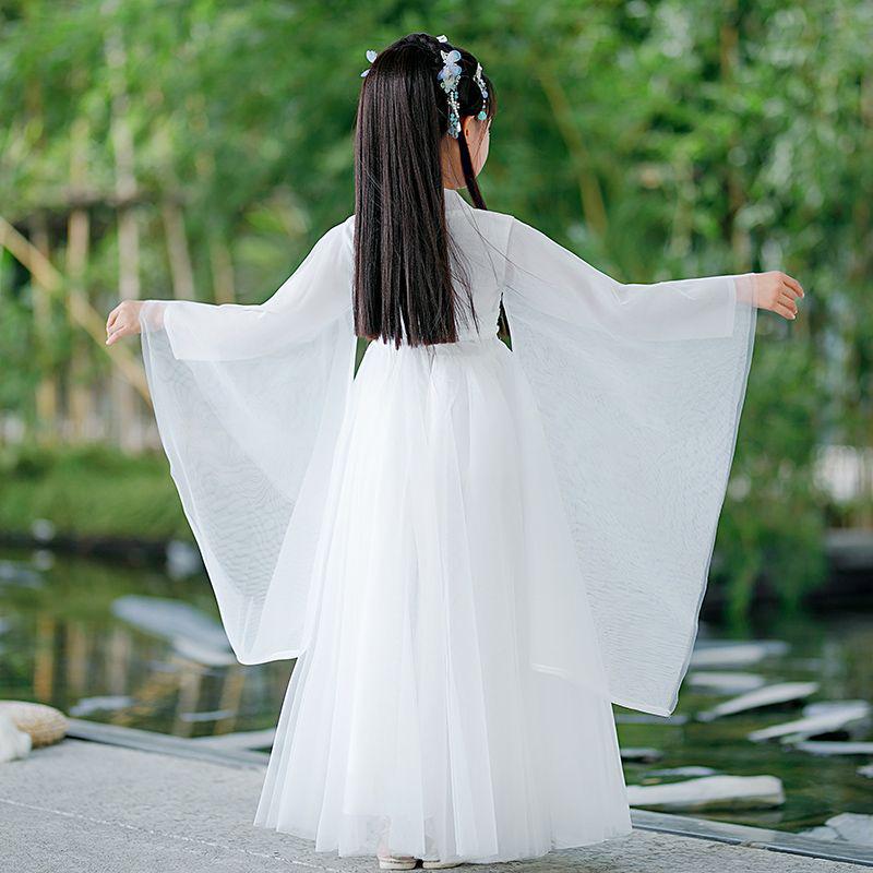 White Girls' Hanfu: New Style Ancient Chinese Fairy Dress with Flowing Guzheng Skirt for Children