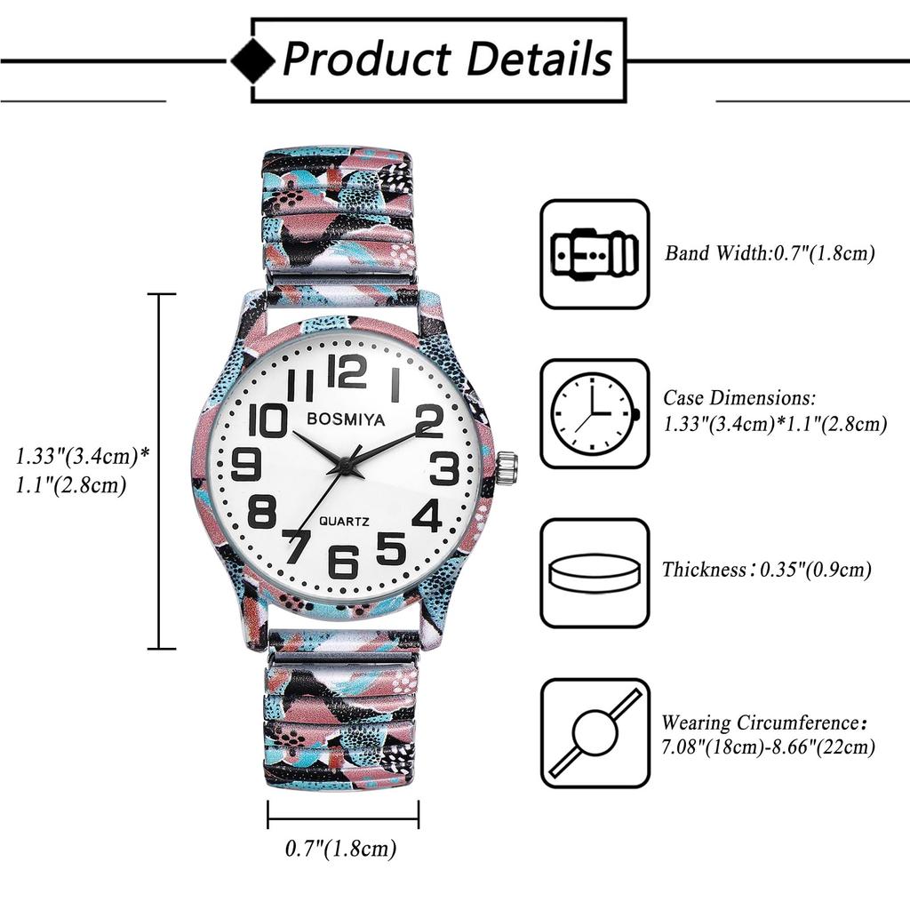 Unisex Wristwatch with Stretchable Floral One Size Fits Stainless Analog Quartz Watch Perfect Gift for Day Strap, Print, Waterproof Casual,