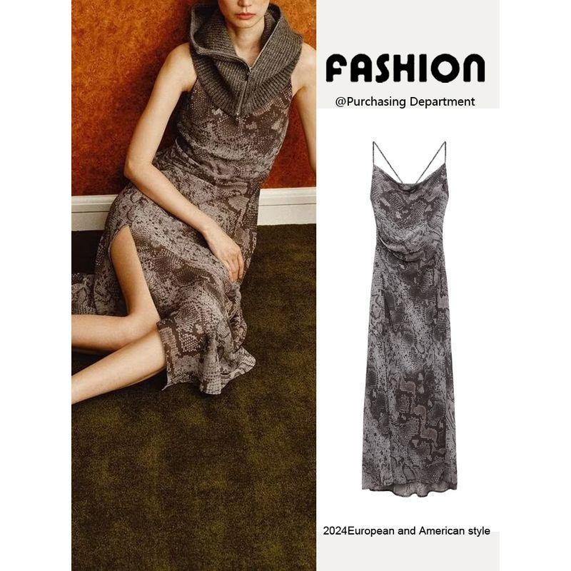 Za2025 Spring New Women's Clothing Sling Waist-Tight Slim Looking Animal Pattern Print Midi Skirt Dress 2073104