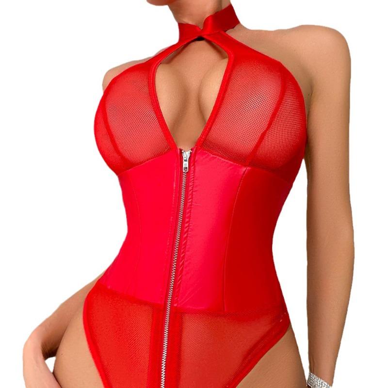 New sexy hollow fishing net hanging neck backless patent leather one-piece erotic underwear