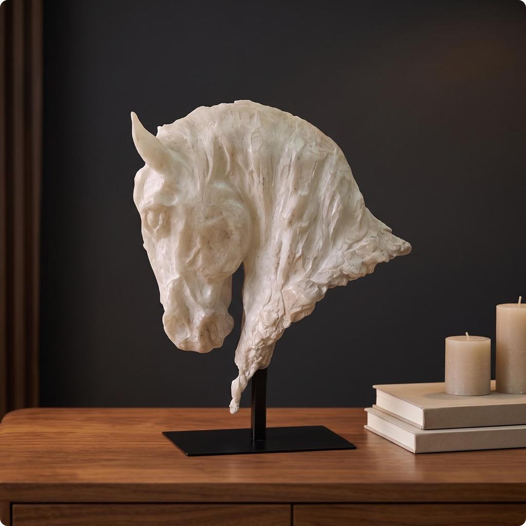 Horse sculpture with metal stand, modern made of resin