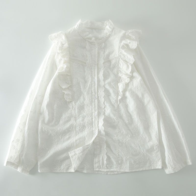 

Early Spring New Arrival Palace Style Heavy Industry Lace Embroider Stand Collar Cotton Long Sleeves Shirt Female Fairy Sweet Cardigan Top White One size(Look at the size table data)