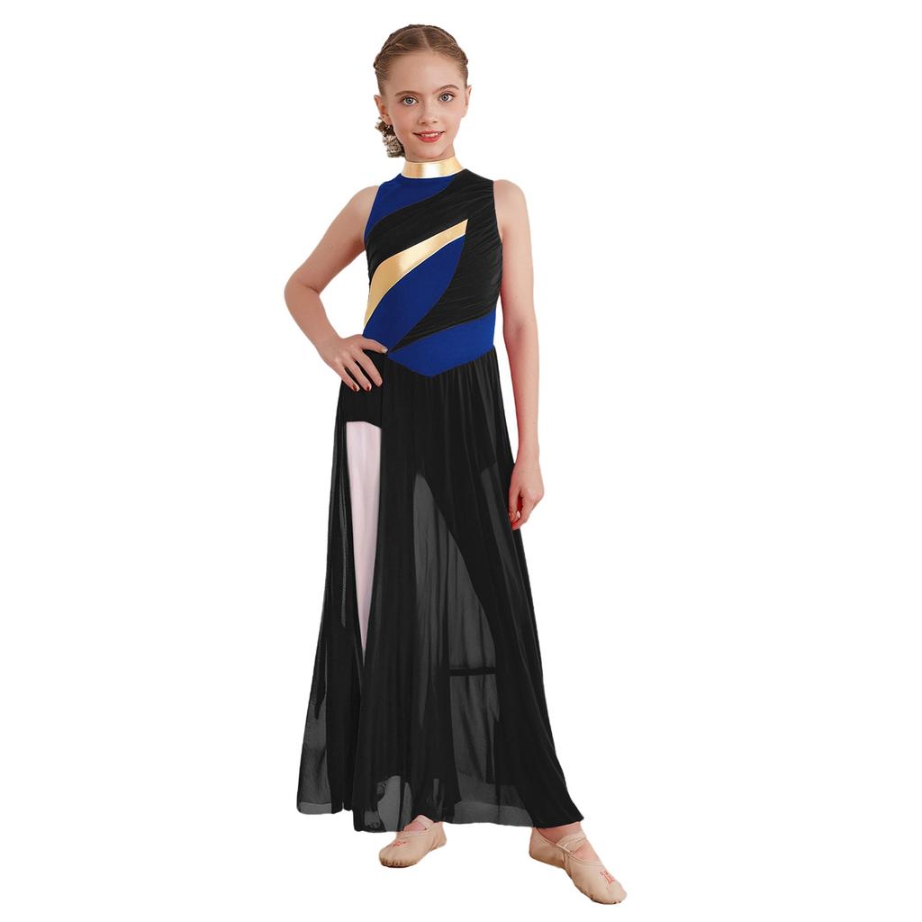 Girls Modern Dance Costume Mock Neck Sleeveless Back Invisible Zipper Ruched Mesh Overlay Bodice Side Split Dress