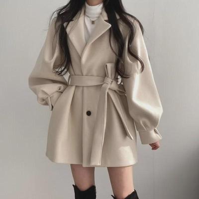 2024 Hepburn Style Medium-Long Wool Coat: Autumn/Winter, Straps, Small Suit Collar