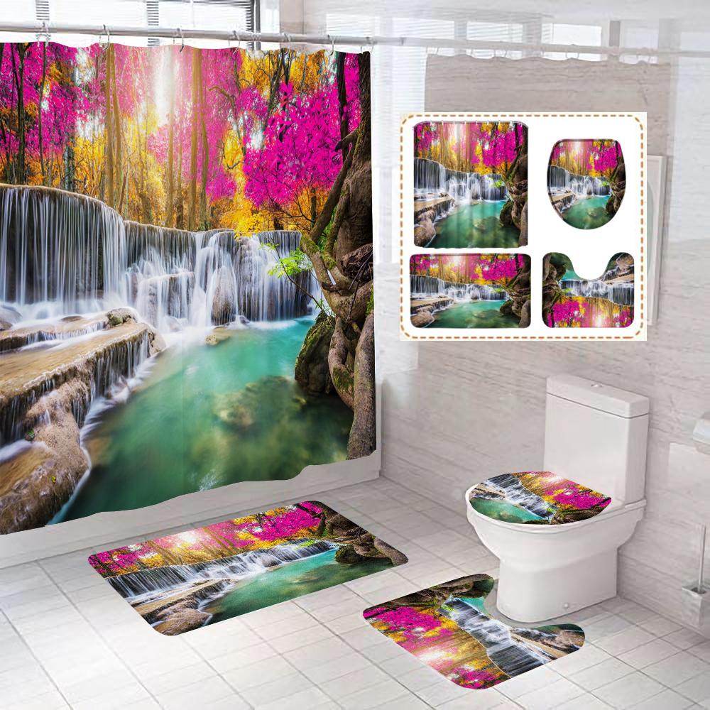 Wasserfall Landschaft Druck Duschvorhang Wald Szenerie Wasserdichte Badezimmer Vorhänge Heimdekoration Rutschfeste Teppiche Duschvorleger Set