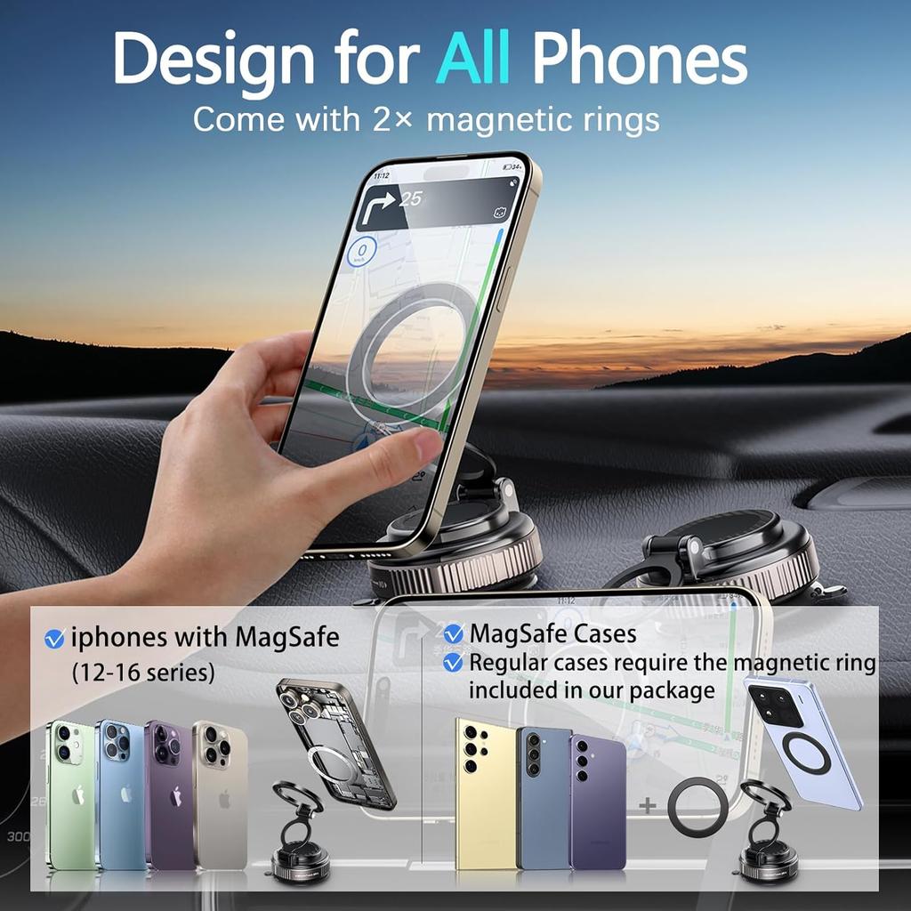 Magnetic Car Mobile Phone Holder, Car Mount with Vacuum Suction Cup/360° Rotatable/Foldable, Universal Car Mobile Phone Holder