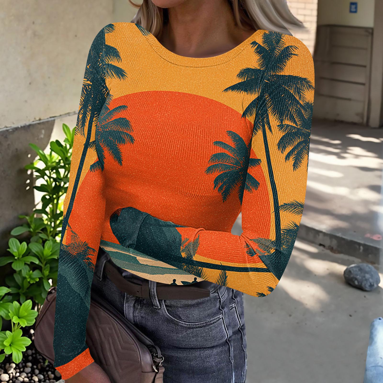 

Women s Casual Fashion Round Neck Hawaiian Print Long Sleeve Ribbed Top XL оранжевый