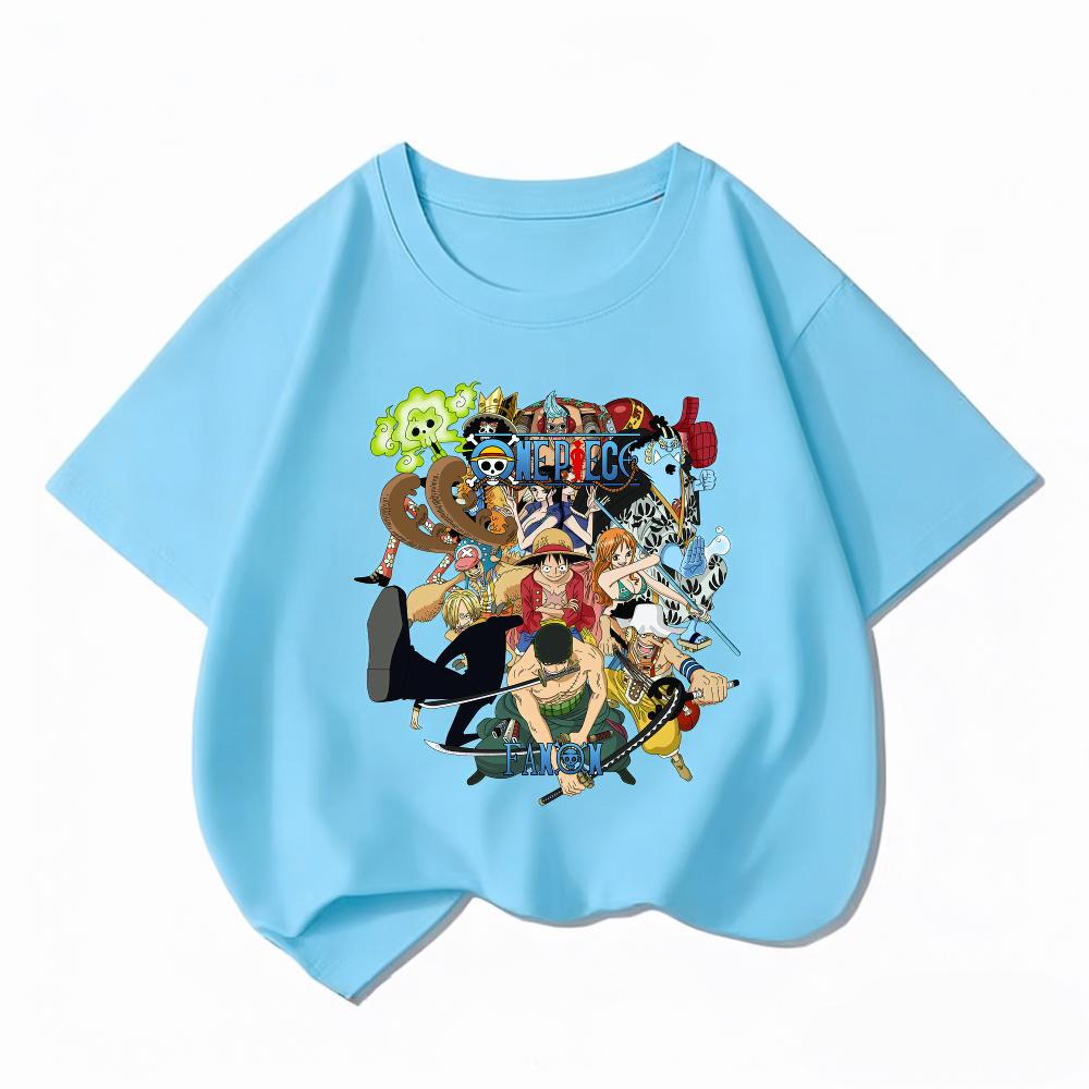 Bandai One Piece Luffy Crew Kids T-Shirt Cotton Boys Girls Summer Short Sleeve Clothes Children Anime Graphic Tees