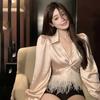 Chic Blouse For Women Feather Shirts Elegant Satin Tassel Patchwork  Crop Tops Long Sleeve Slim Solid Ladies