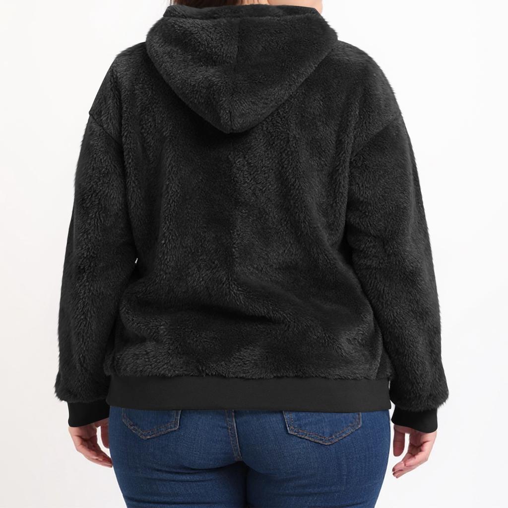 Women's Casual Plus Size Long-Sleeve Hooded Solid-Color Fleece Pullover Sweatshirt