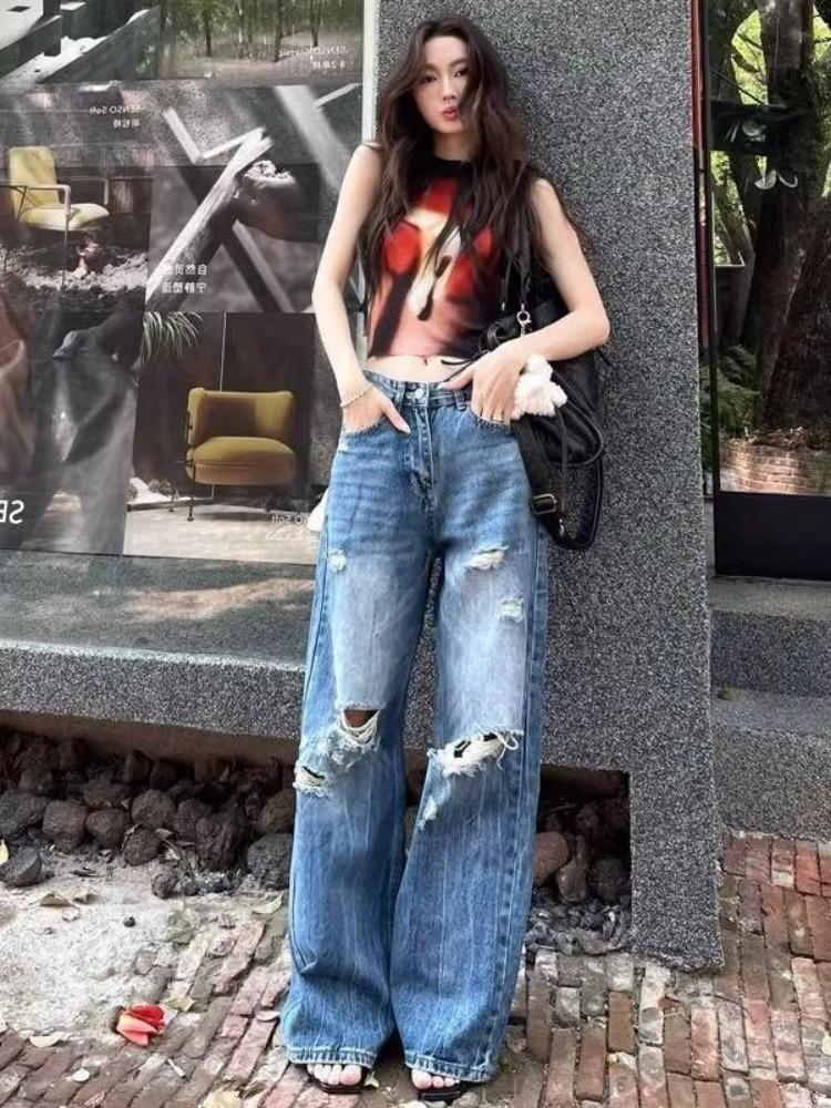 

Washed Hole-breaking Jeans Women s Thin Section High-waisted Straight Large-yard Loose Casual Wide-legged Trousers Jeans for Women Long Denim Pants 4XL