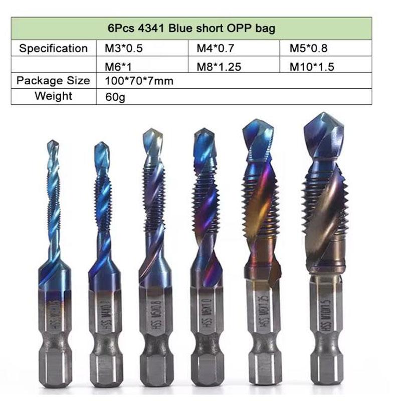 6pcs M3-M10 Screw Tap Drill Bits Hss Taps Countersink Deburr Set Metric Combination Bit High Speed Steel 1/4 IN Quick Change Hex
