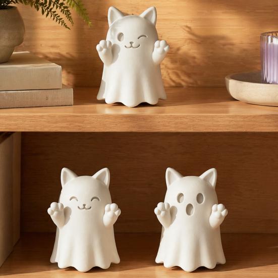 Unique Party Table Decorations 3D Printed Cute Ghost Cat Figurine, Wink Smile Surprise Spooky Halloween Decor, White PLA Craft Molds Blank DIY