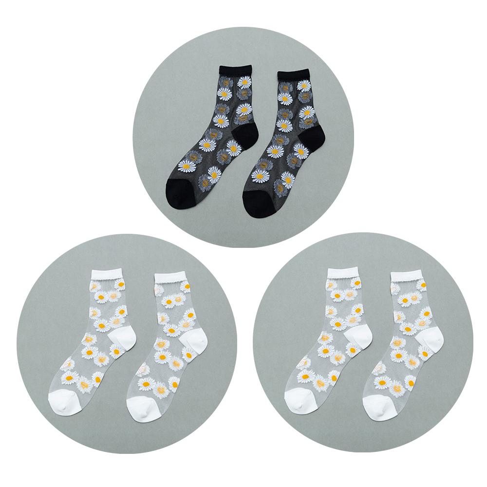 3 Pairs Of Women's Flower Socks Summer Crystal Glass Stockings Medium Short Tube Thin Transparent Daisy  Jacquard Elastic  Socks