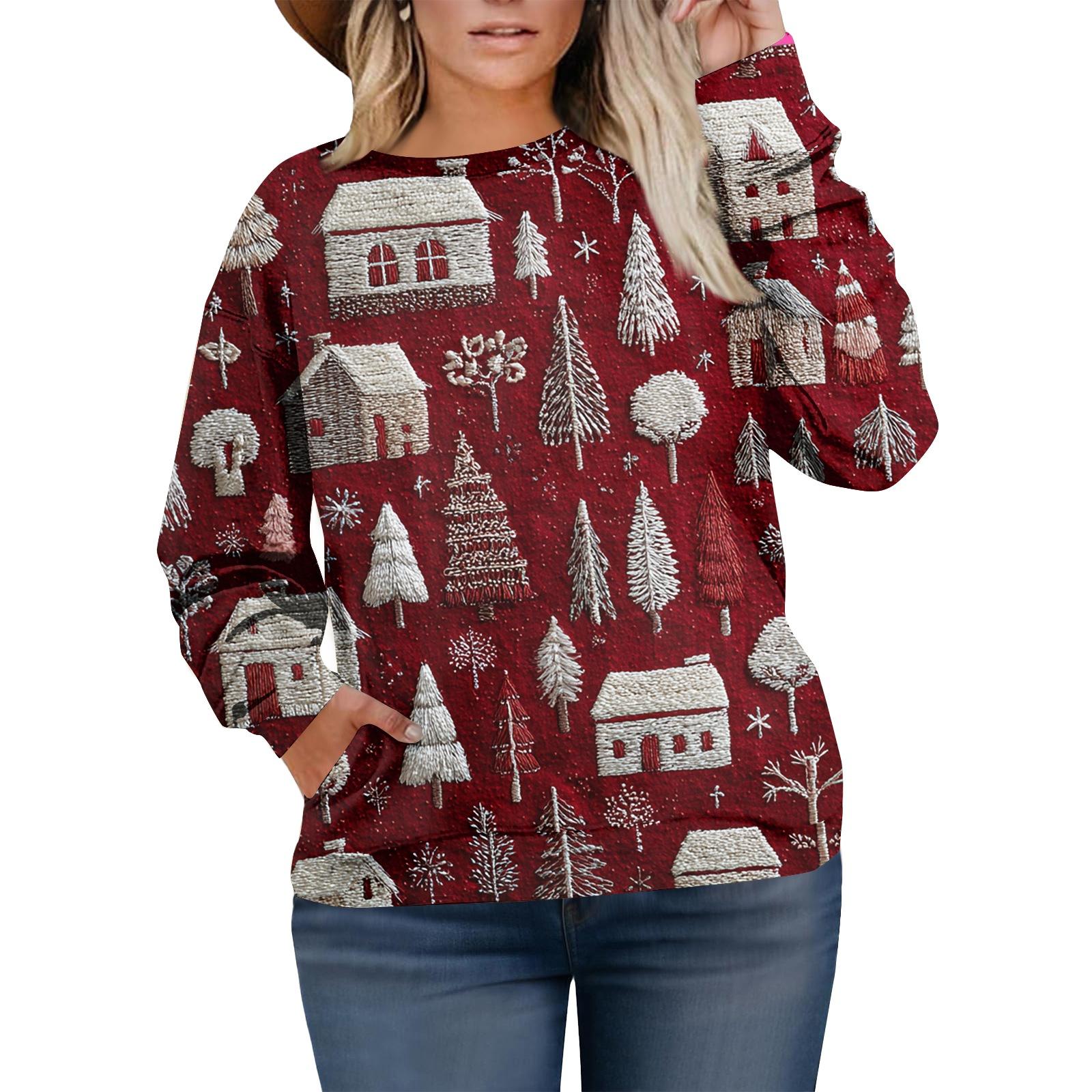

Рождественские толстовки для женщин свитер милая рубашка осенний пуловер топ XL винный