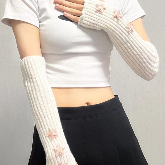 Knitted Arm Warmers Girls Fingerless Long Wrist Gloves Winter Star Arm Sleeves with Thumb Hole for Women Street Wear Parties