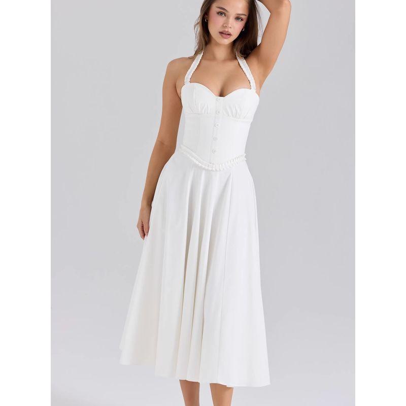 Sweet White Moonlight House Same Style French Style Sweet Romantic Lace Design Sense Elegant Hanging Neck Waist Hugging Dress