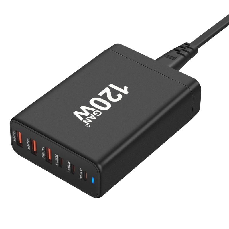 Portable 120W USB Charging Station with 6 Port, 3 Type C PD and 3 USB A for Phones Tablets Simultaneous Device Charging