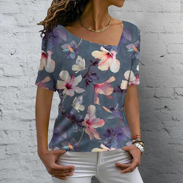 V-neck Fashion T Shirt Summer Flower Printing Short Sleeve Women's Casual Basic T-Shirt Ladies Vintage Elegance Tops