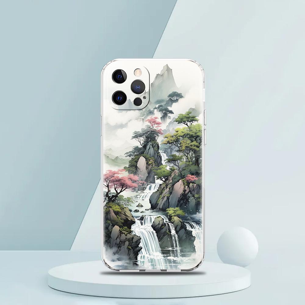 For iPhone 15 16 14 13 12 mini 11 Pro Max XS X XR SE 7 8 Plus Silicone Clear Cover Landscape Art Luxury Phone Case