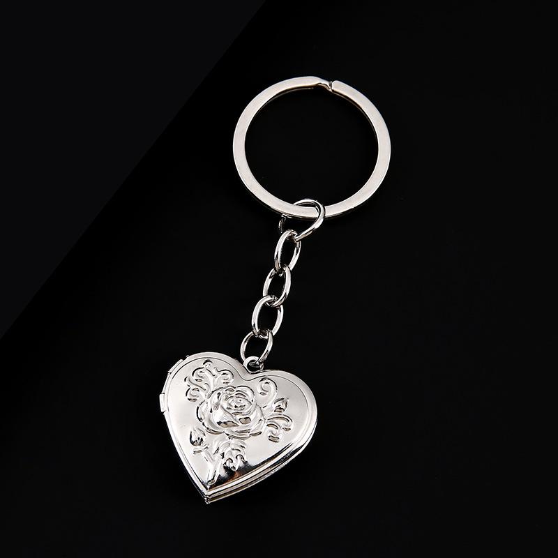 Porte-clés Cœur Rose en Acier Inoxydable Boîte Photo Finition Miroir