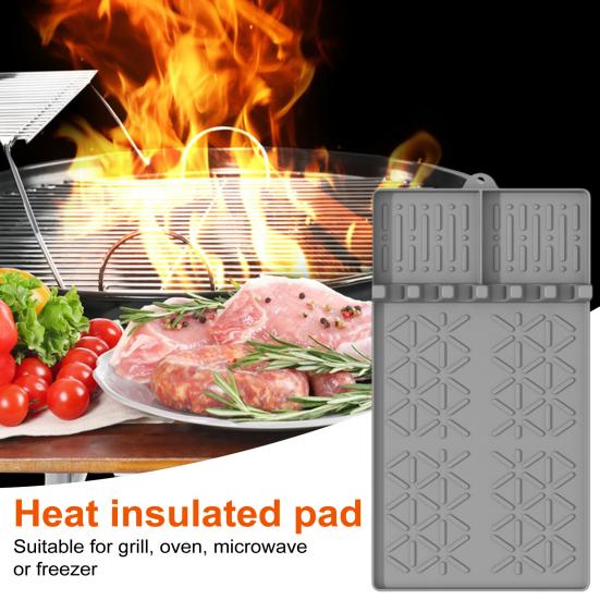 Silicone Grill Mat Heat-Resistant Multi-Slot Tool Organizer for BBQ Grilling Non-Slip Food-Grade Side Shelf Pad with Grease Drip Tray Dishwasher Safe