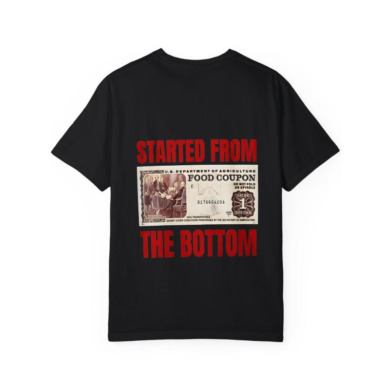 White T Shirt with Food Coupon Graphic and Started From The Bottom Text for Casual Wear
