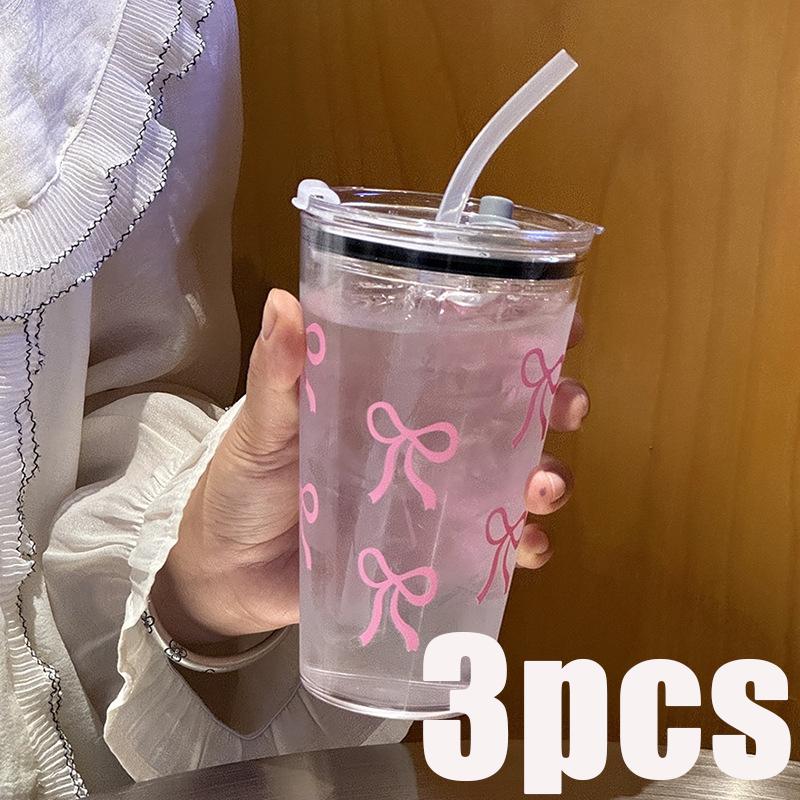 1/2/3pcs 450ml Pink Bow Plastic Cup With Straw And Lid Transparent Milk Coffee Drink Mug Household Travel Ins Water Drinking Cup