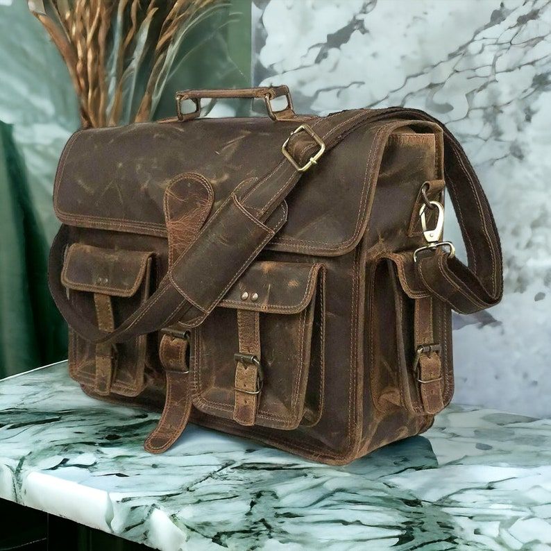 Винтажный мужской портфель из кожи BUFFALO для ноутбука 18 дюймов — фото 2