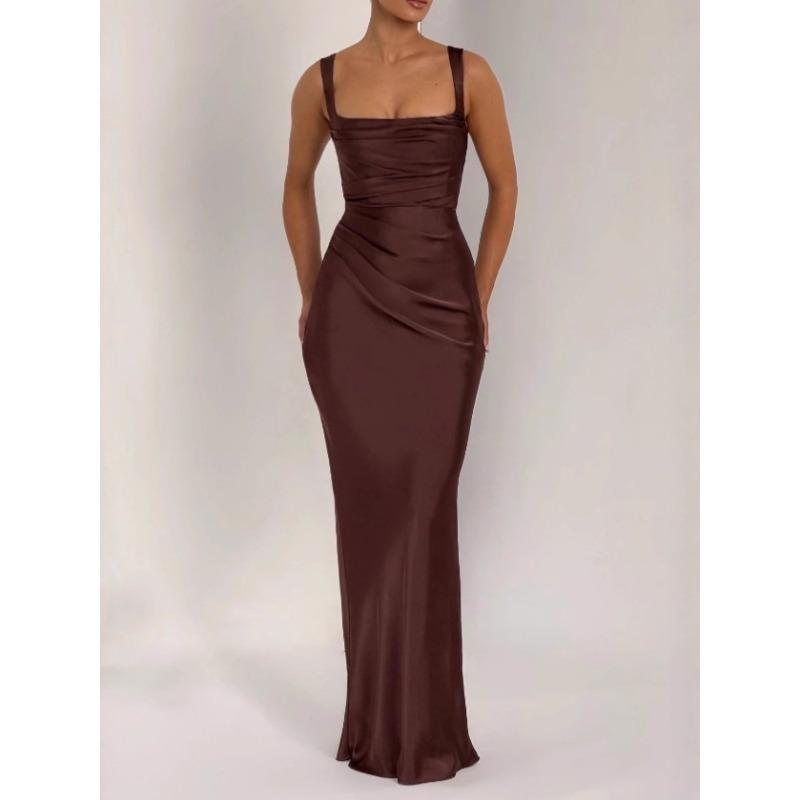 New Solid Color Temperament Strap Waist Dress Long Dress Sexy Square Collar Banquet Hip Wrap Evening Dress Fishtail Skirt