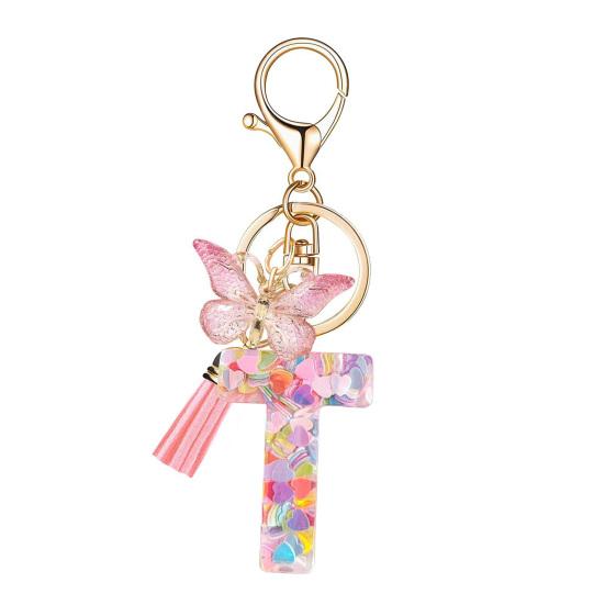 Yousheng Epoxy Resin English Alphabet Keychain Heart-Shaped Sequins Butterflies Tassel Alphabet Keyring Initial Lettering Key Chain Mug Accessory