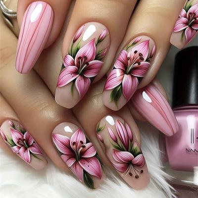 24 Piezas Uña Postiza de Presión con Flores Cubierta Completa Uña Postiza Arte de Uñas Floral Manicura Brillante Uña Artificial Acrílica Adhesiva