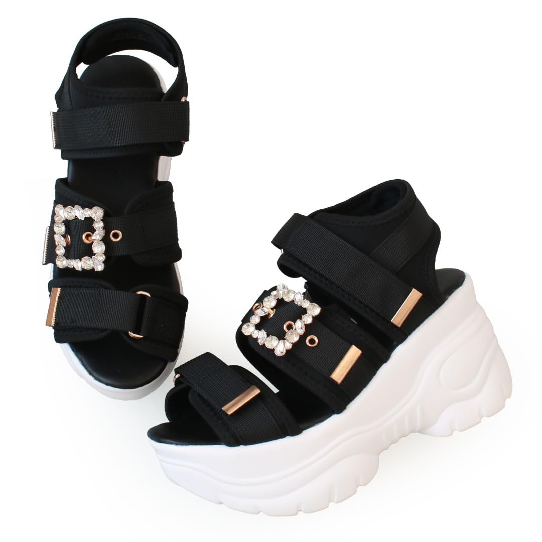 

Туфли с пряжкой-драгоценностью, на липучке, с толстой подошвой 9 см, подошва кроссовок, спортивные сандалии, задний ремешок, удобные для ходьбы, высокотехнологичные, папины, аккуратные, простые, корейские, черно-белые, M [Room Nine]