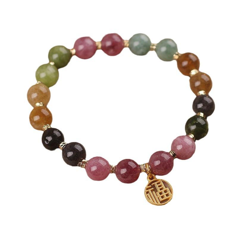 Women's Natural Tourmaline Flower Bracelet: Chinese Style Fu Character, Seven-Color Beads, Ideal Gift for Bestie or Girlfriend.