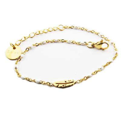 [R0258] - Golden White 'Boho' Steel Designer Bracelet - 10x3 Mm (feather)