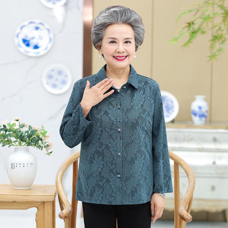 Spring and Autumn Shirts for Middle-aged and Elderly Women with Lapels and Old Ladies' Tops Long-sleeved Shirts