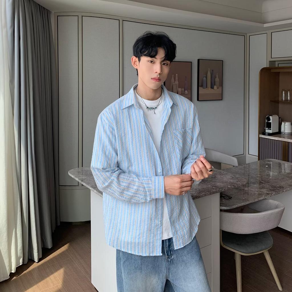 American Retro Casual Striped Long-Sleeved Sunscreen Shirt Men and Women New Breathable Idle Style Fashion Shirt Daily