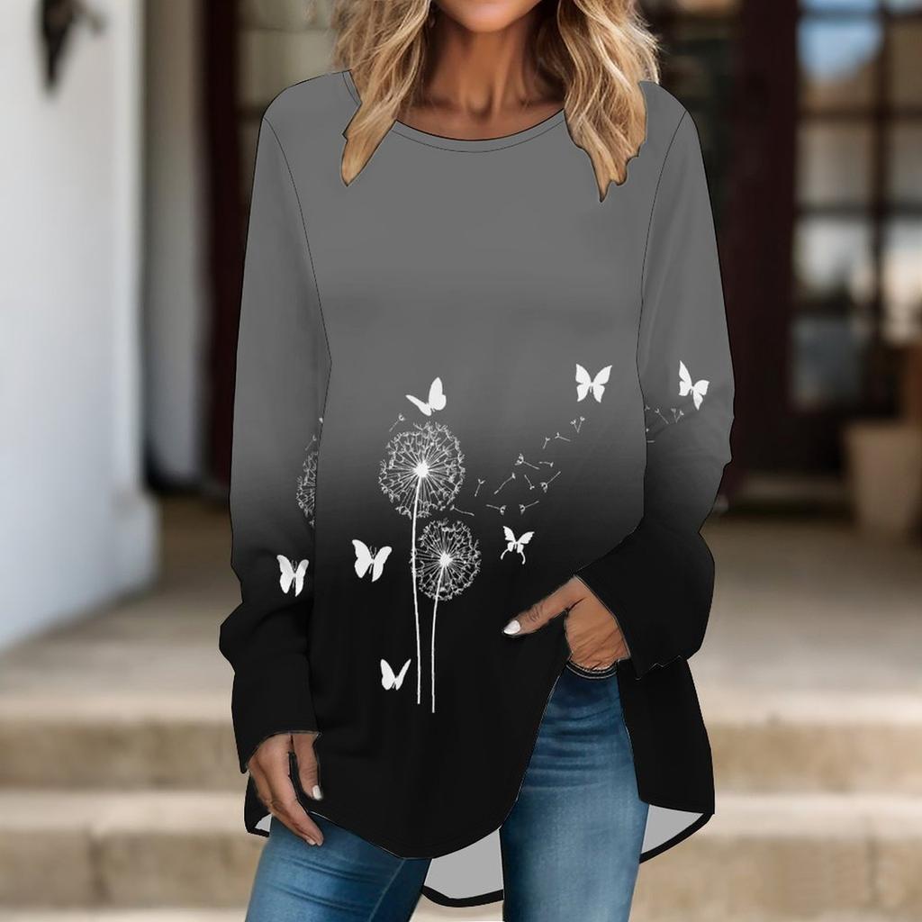 Women Long Sleeve Tunic Top Print Crew Neck Loose Fit Blouse With Pockets Casual Daily Wear Ladies Tops
