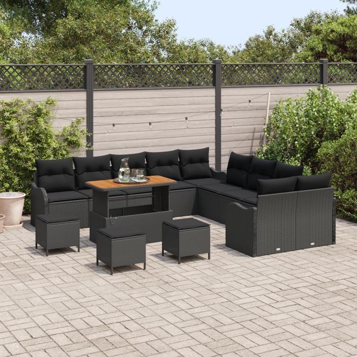 Ensemble de Canapé de Jardin 14 pièces avec Coussins Noir Poly Rotin Acacia, Canapé de Jardin 2 places avec Coussins Noir 3362329