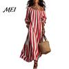 Soft Summer Dress Women Striped Long Dress, Off Shoulder Sleeve Casual with Side Pocket Ankle Length Loose Swing Clothing