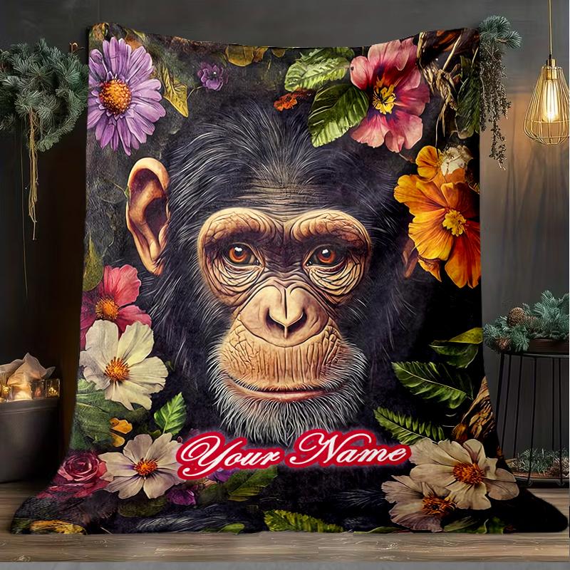1PC Custom Name Chimpanzee Floral Frame outdooor Flannel blankets Patterns Throw Blanket All-Season Soft Gift for Couch, Bed, Camping gifts