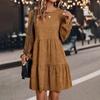 Womens A-Line Faux Suede Mini Dress Crew Neck Tiered Casual Long Sleeve Dress Fall Swing Loose Outfit