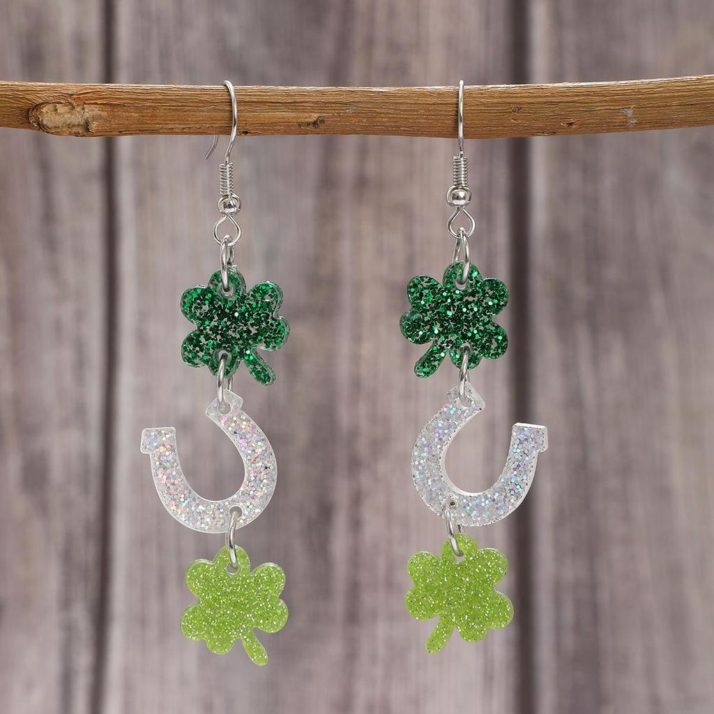 St. Patrick's Day Green Shamrock Horseshoe Sequin Earrings