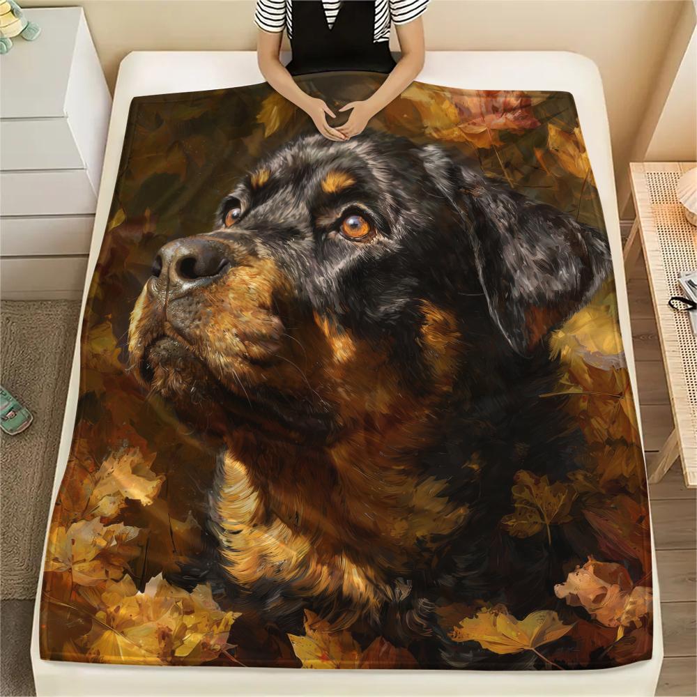 Rottweiler und Blätter, Muster Flanelldecke, Hohe Qualität, Bequem für alle Jahreszeiten, Heimdekoration, Wärme und Komfort, Perfekt für Geschenke.