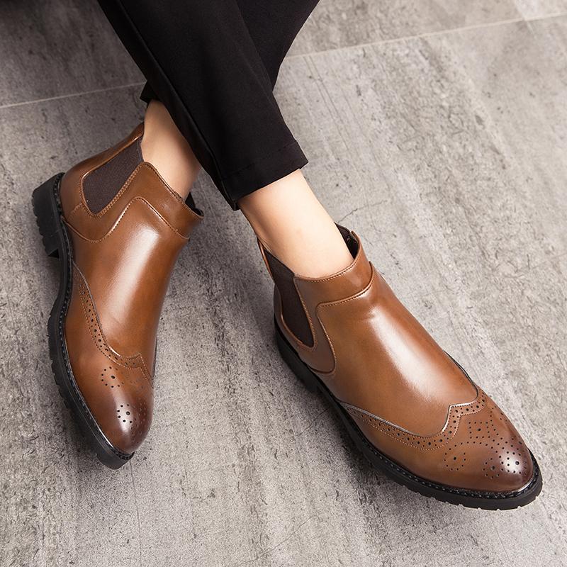 Men’s Brogues Motorcycle Boots Retro Street Style Dress Chelsea Boots Tuxedo Wedding Men Ankle Boots Plus Size