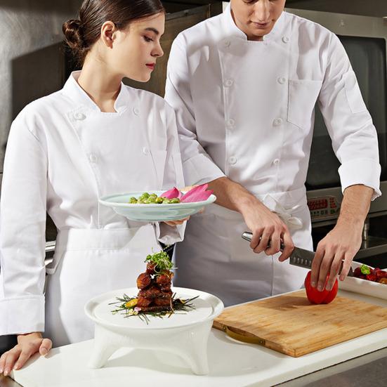 Chef Uniform Stand Collar Double-Breasted Button Design Roll-Up Cuffs Chest Pocket Solid Color Chef Shirt Professional Kitchen Workwear